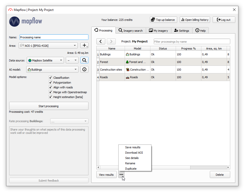 View of the processing tab