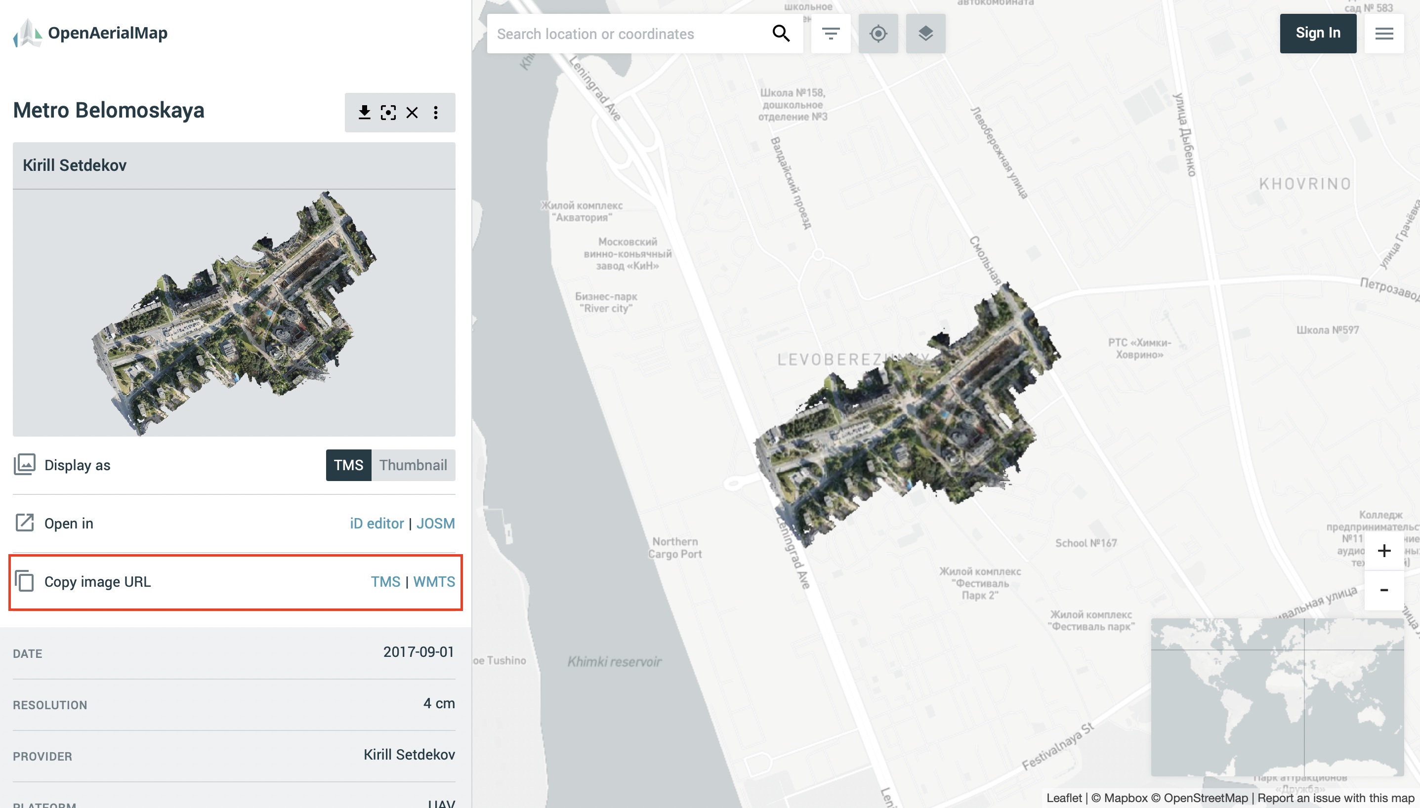 Поиск снимков в OpenAerialMap